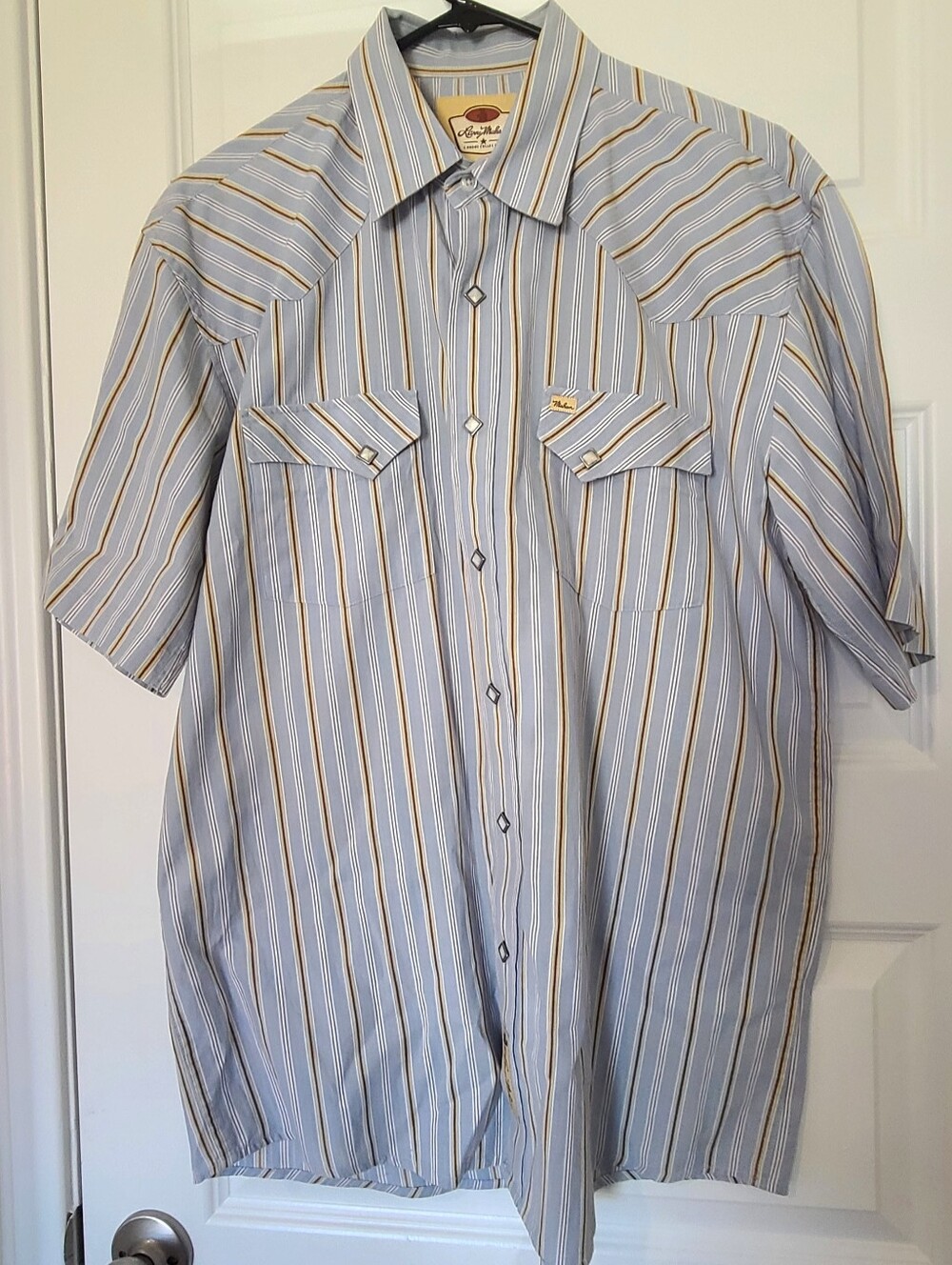 Mens Larry Mahan Pearl Snap Shirt Sz L Cowboy Collection Blue Striped Short Sl